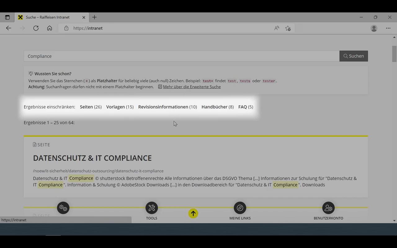 Screenshot der Suche im Raiffeisenlandesbank Wien-Niederösterreich Intranet