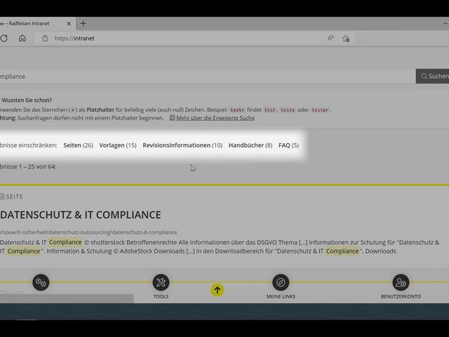 Screenshot der Suche im Raiffeisenlandesbank Wien-Niederösterreich Intranet