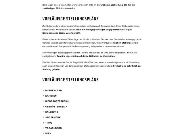 Screenshot der Karrierewebseite des Österreichischen Bundesheers von TYPOHEAS mit Infos zur Stellung