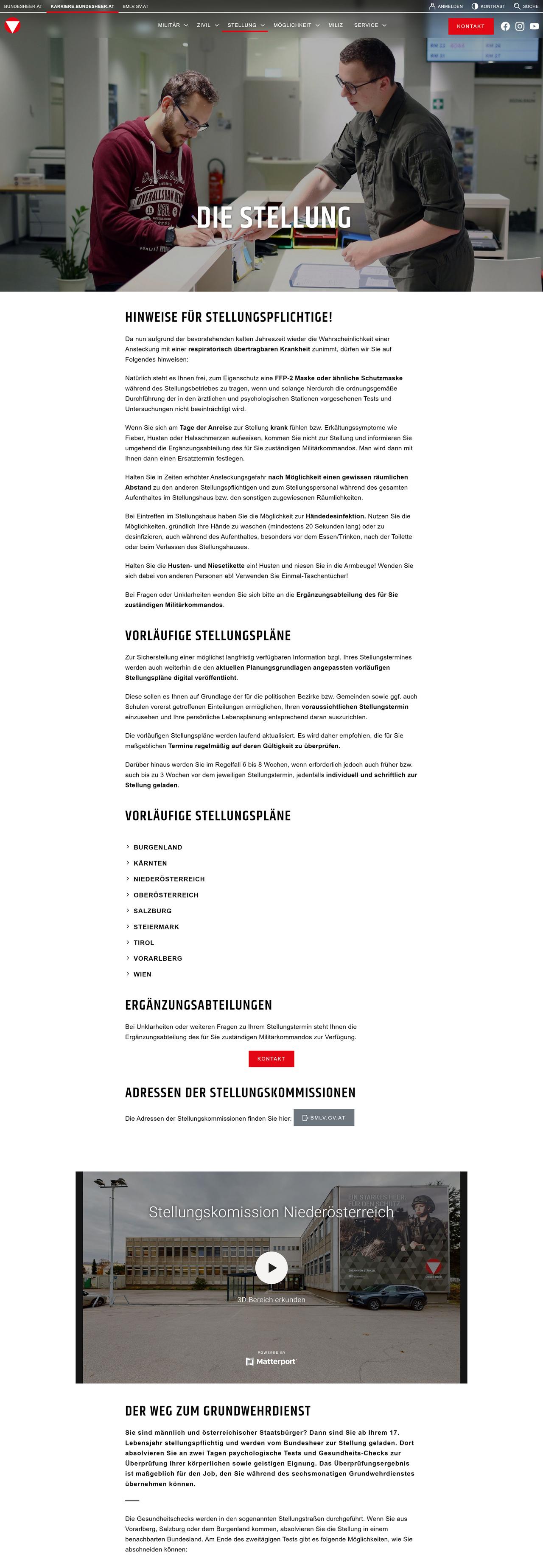 Screenshot der Karrierewebseite des Österreichischen Bundesheers von TYPOHEAS mit Infos zur Stellung